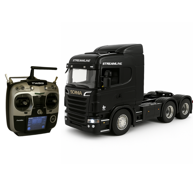 Miniatura Realista de Controle Remoto Caminhão Scania S540 6X4 + Carreta de Brinde (QUEIMA DE ESTOQUE) - PRETO